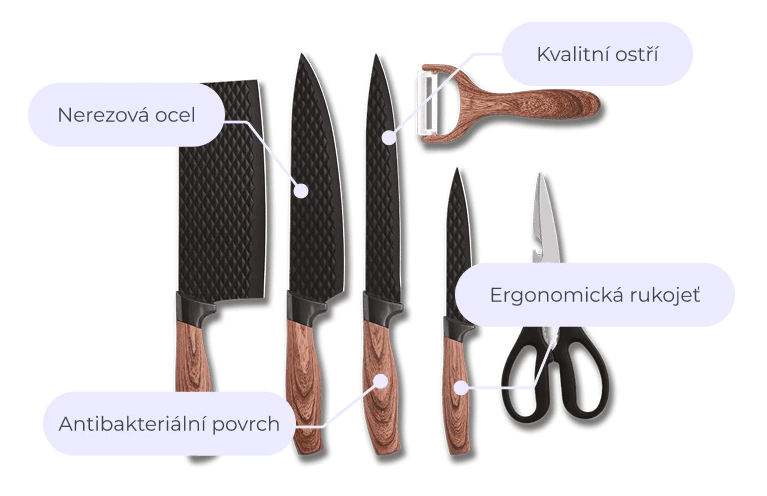Kuchyňská sada obsahují sekáček, ostrý nůž, nůžky a škrabku